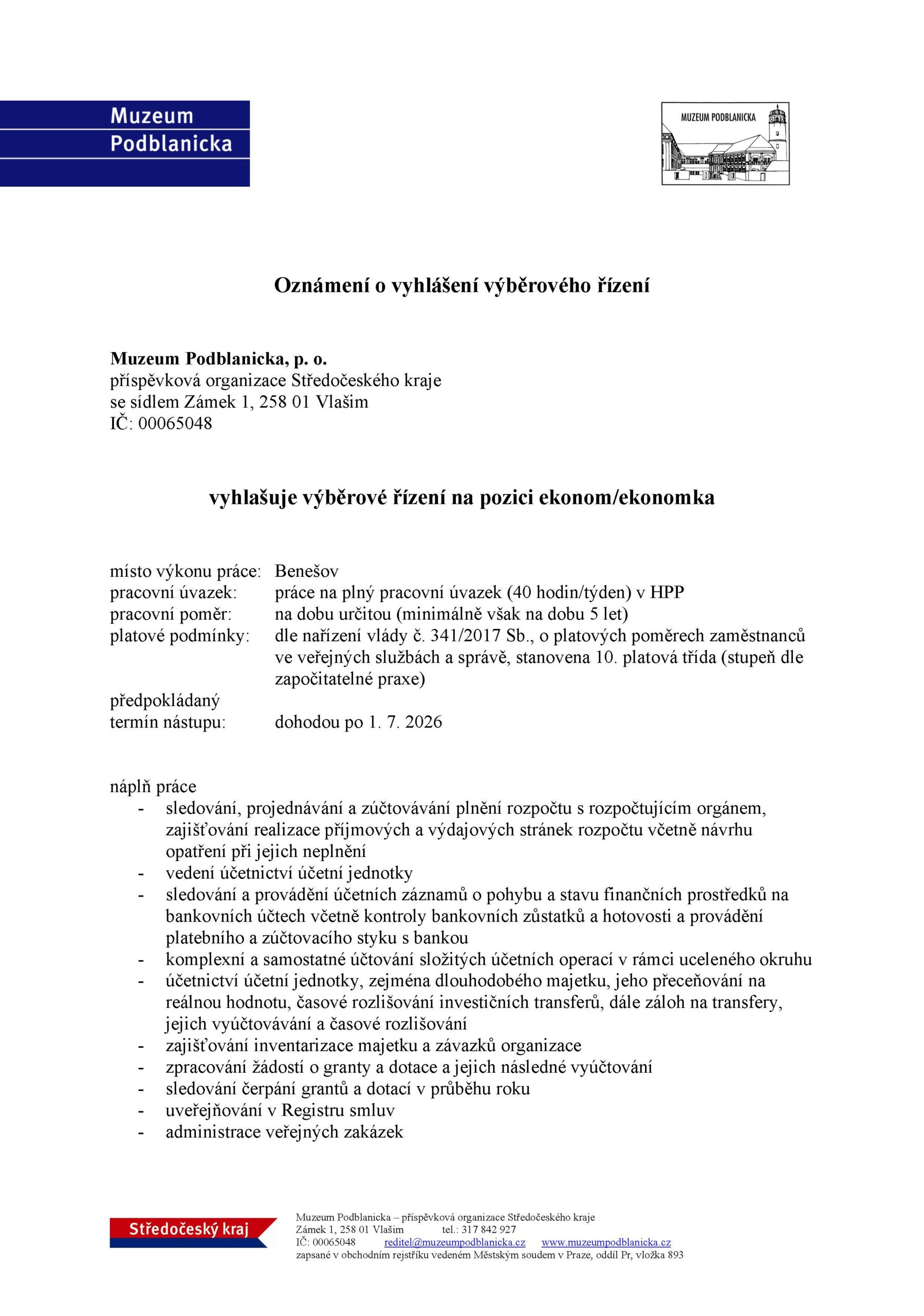 Výběrové řízení na pozici ekonomka/ ekonom
